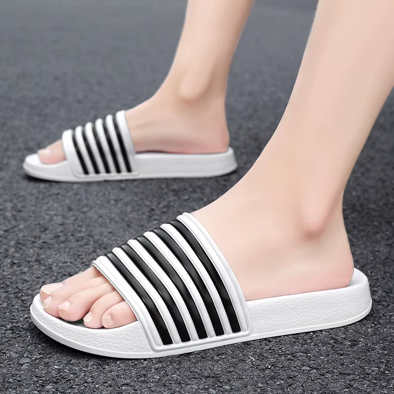 Men Shoes Women Slippers Stripes Pool Slides Summer Men Slippers Couple Beach plus Size Sandals 46 48 Non-Slip Shoes Home Slides