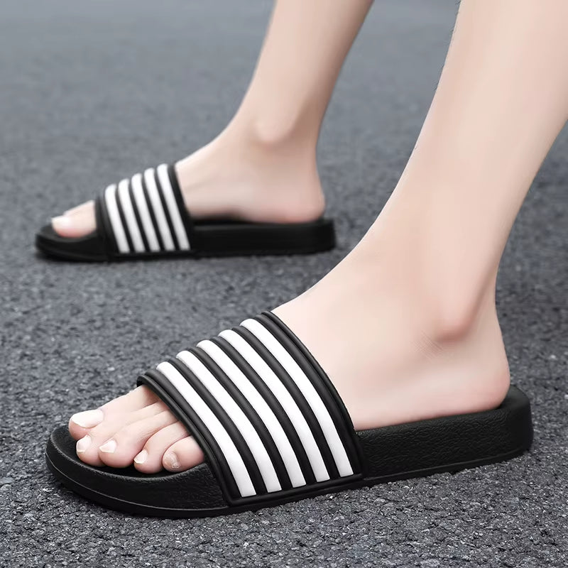 Men Shoes Women Slippers Stripes Pool Slides Summer Men Slippers Couple Beach plus Size Sandals 46 48 Non-Slip Shoes Home Slides
